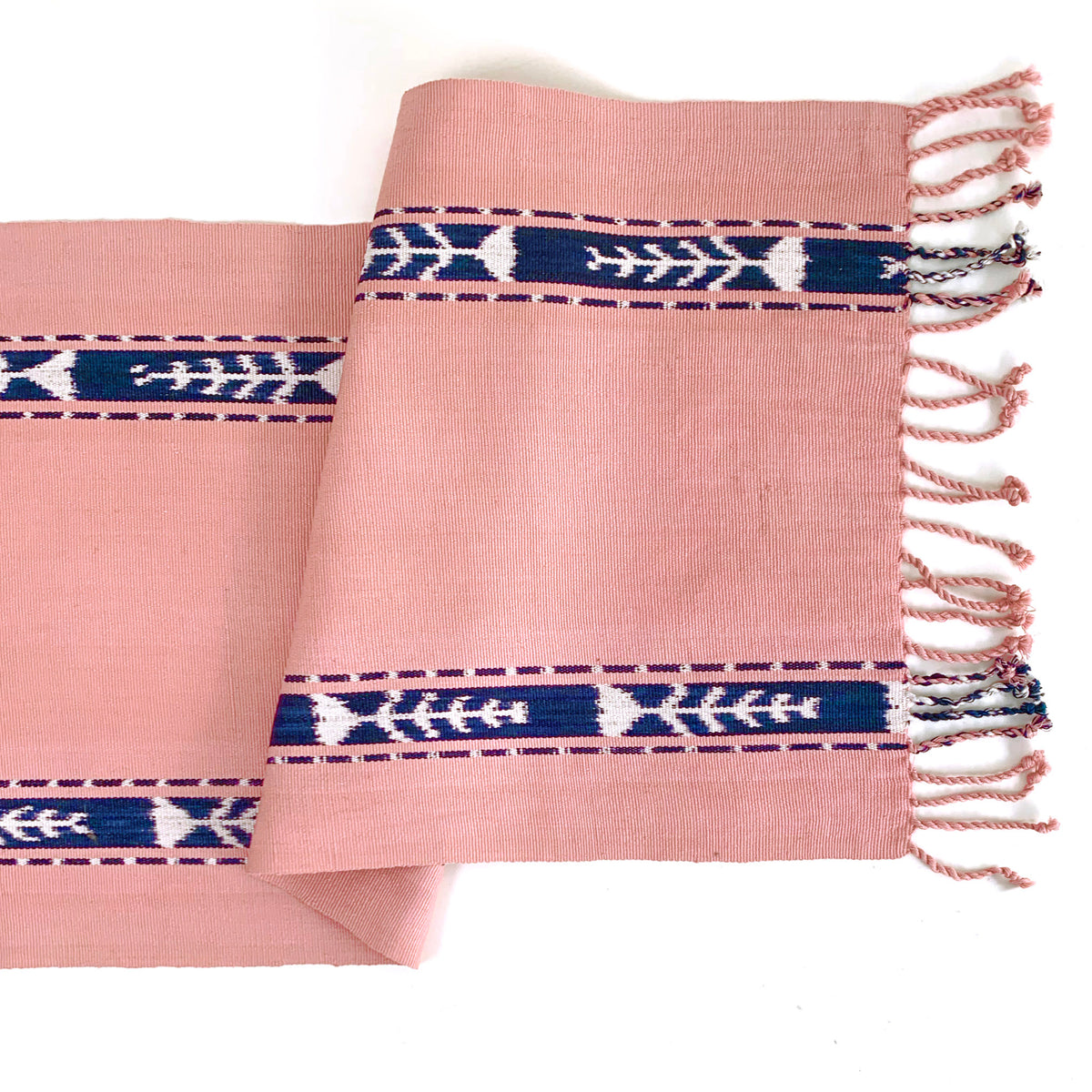 handwoven table runner blush with indigo ikat stripe