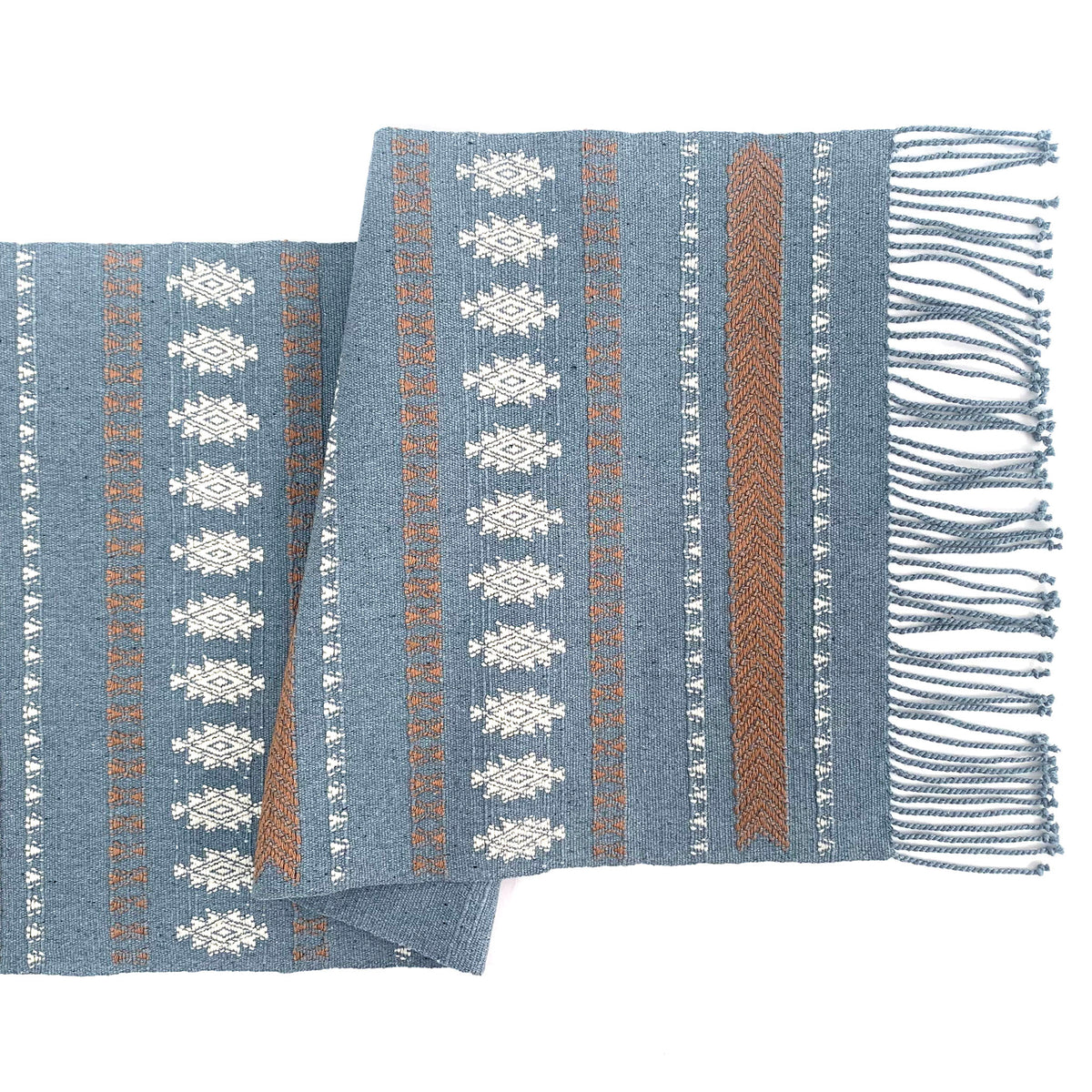 handwoven backstrap table runner brocade on recycled denim guatemala |mayan hands