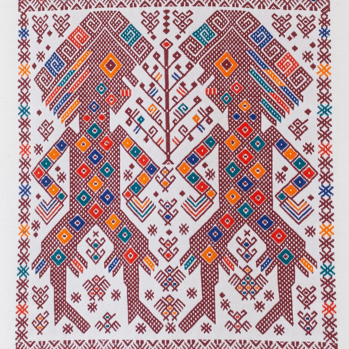 Mayan handwoven brocade design with two figures and tree of life