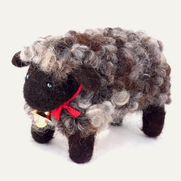 Multi toned felted wool sheep with ribbon and bell