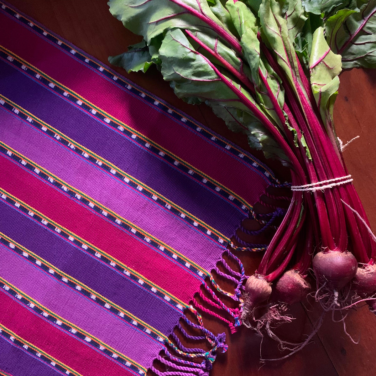 handwoven purple magenta table runner with beets