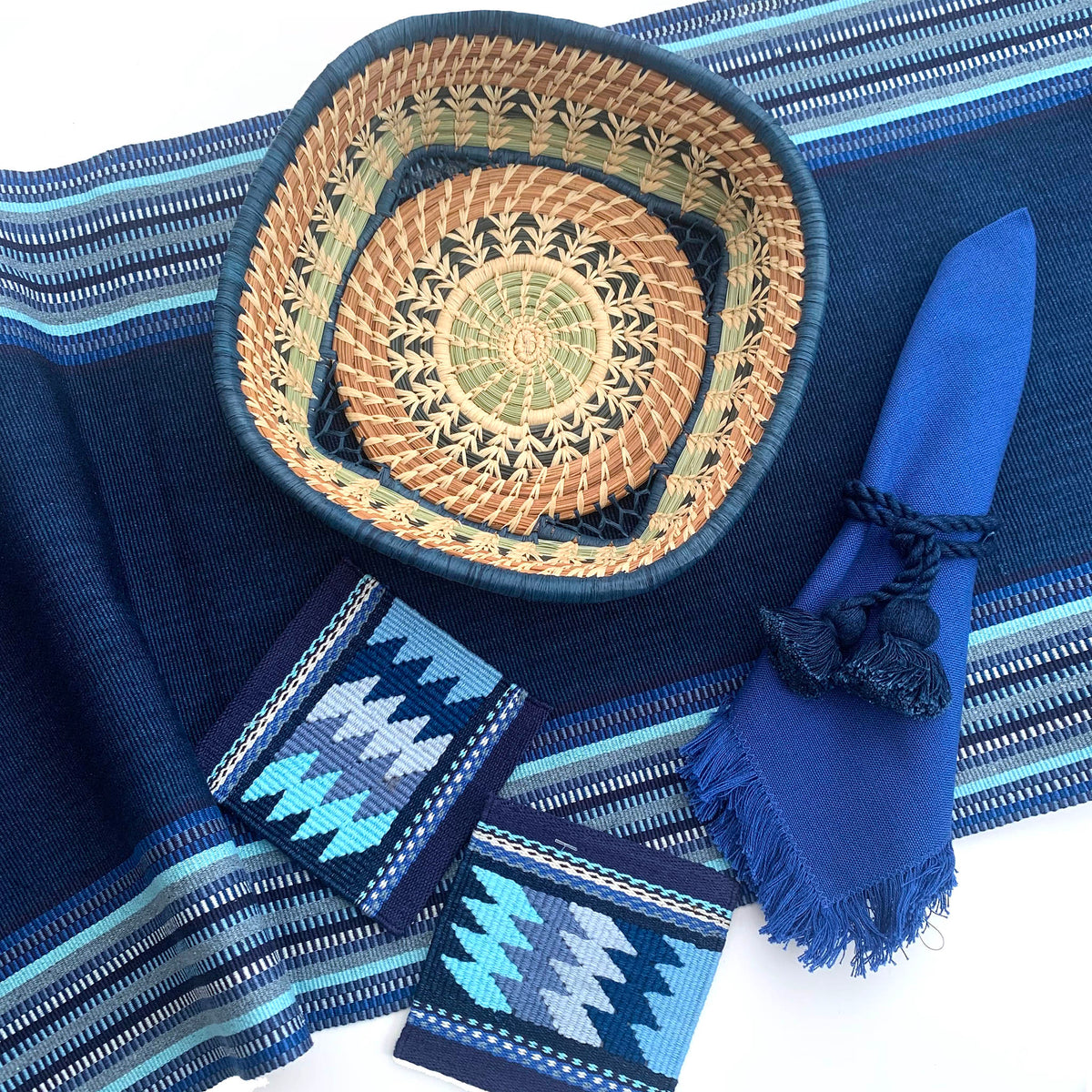 Handwoven Tapestry Coaster Set in Indigo &amp; Blues
