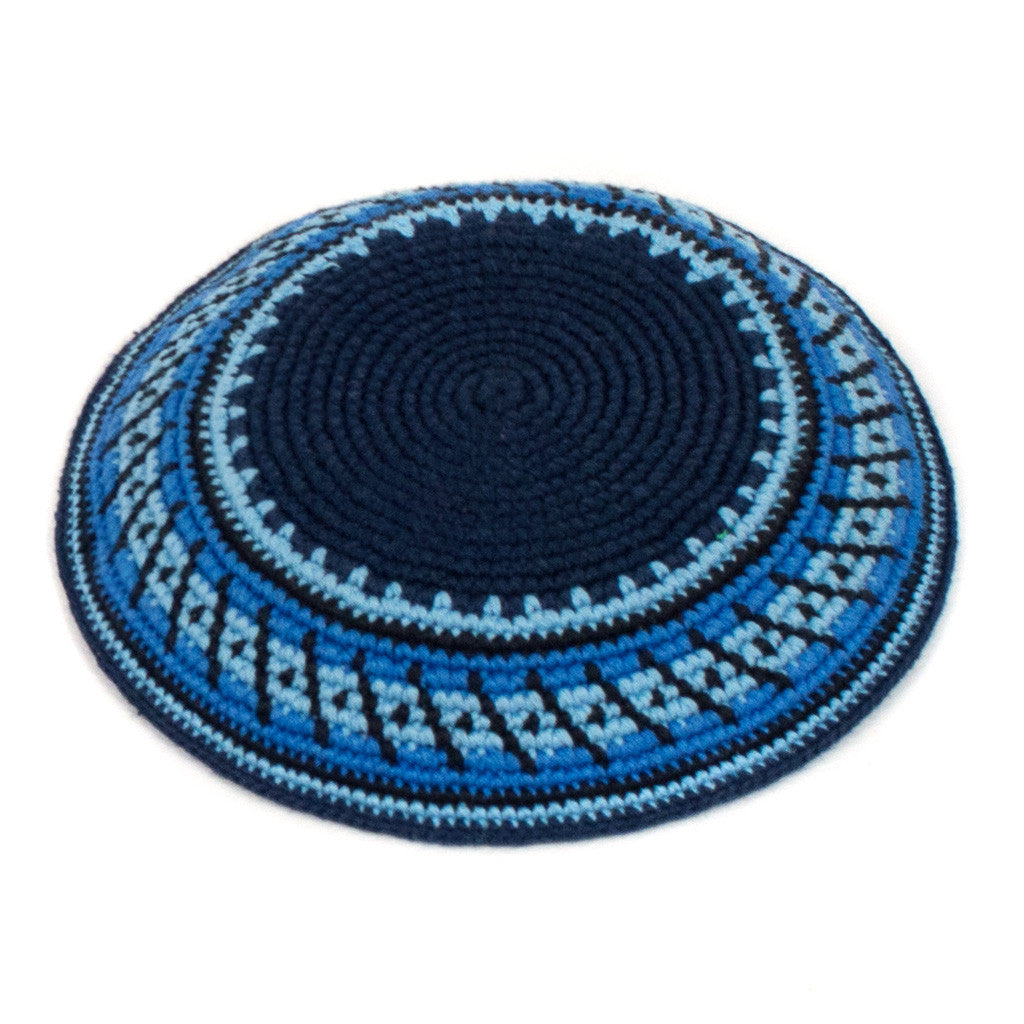 Crochet kippah with navy center and border in lighter blues