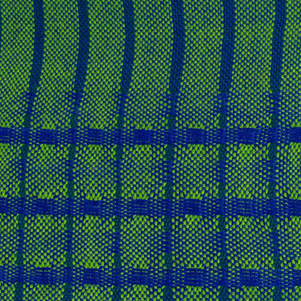 Closeup of swatch of Lucia Scarf in Green, woven from rayon threads in green and blue