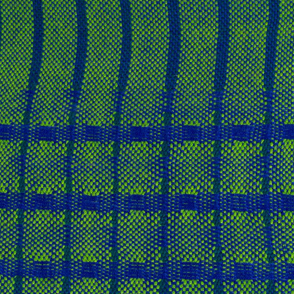 Closeup of swatch of Lucia Scarf in Green, woven from rayon threads in green and blue