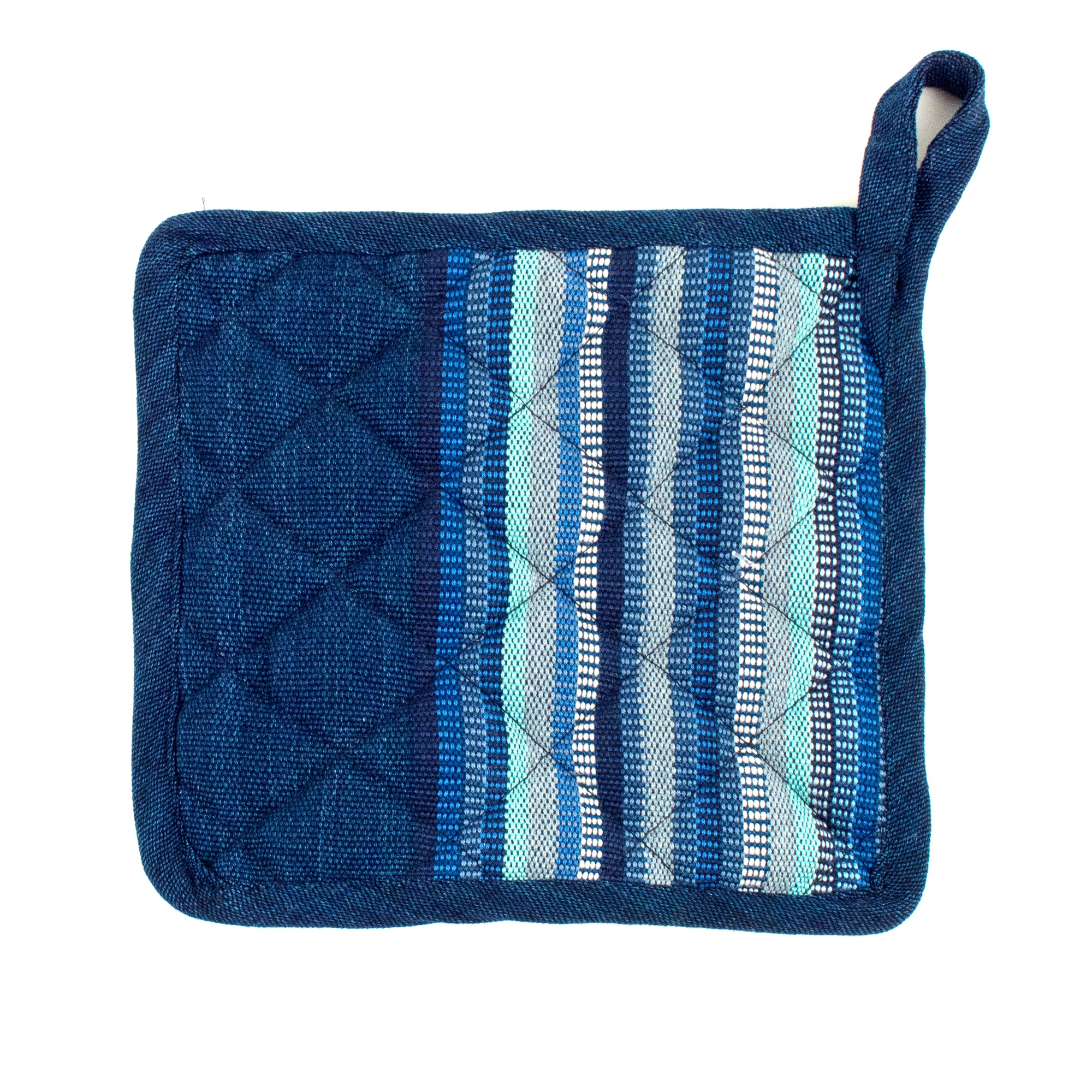 Hand woven Square Pot Holder | Wide Indigo Stripes